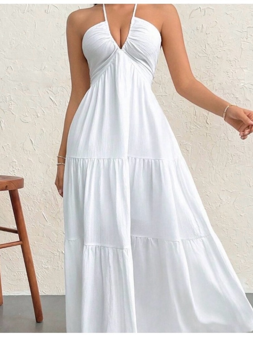 White Sexy Women's Crepe Halter Neck Tie Backless Maxi Dress